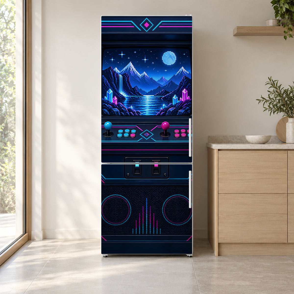 Retro Arcade Cabinet fridge wrap on a white refrigerator in a bright kitchen