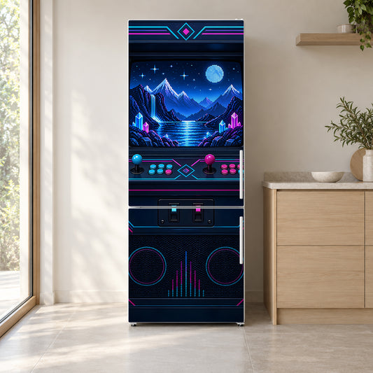 Retro Arcade Cabinet fridge wrap on a white refrigerator in a bright kitchen