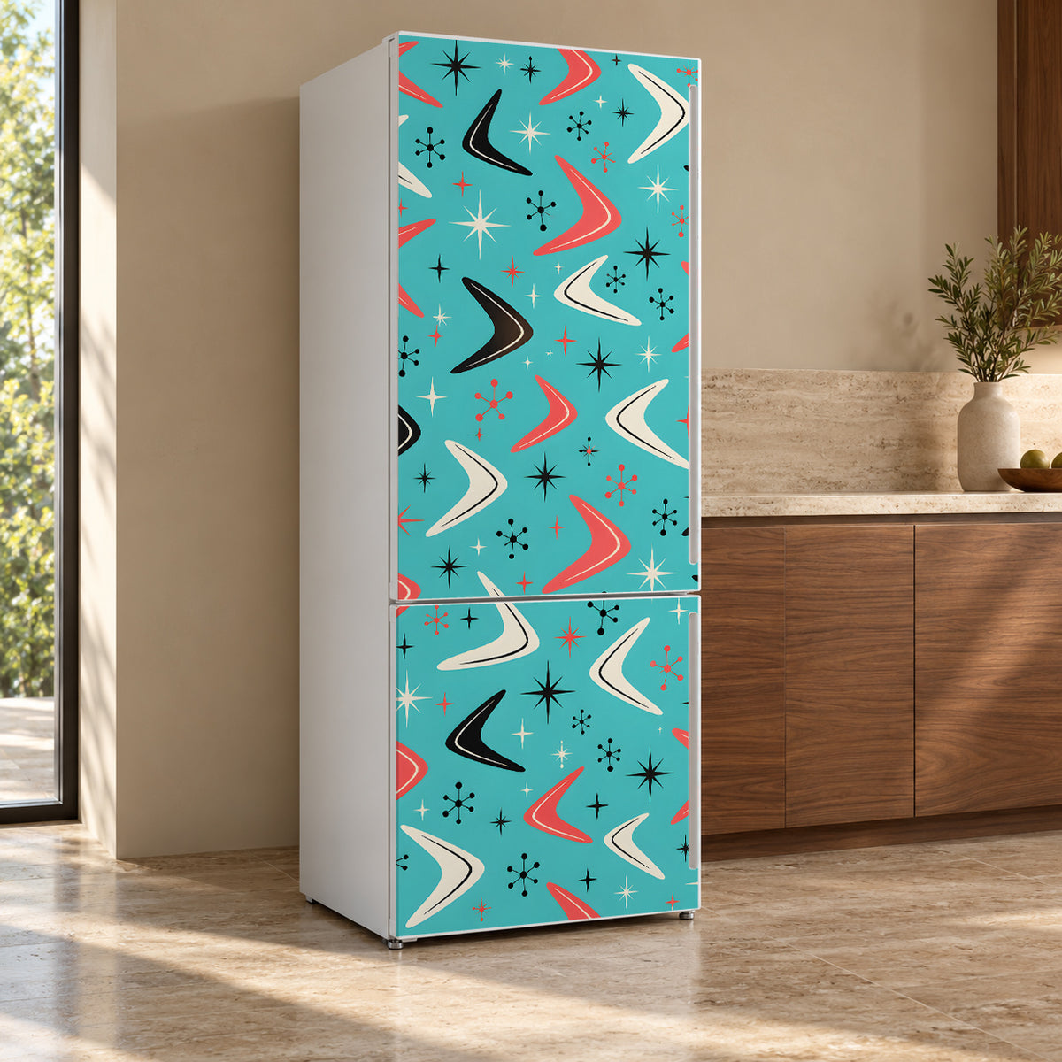 Retro Boomerang Pattern fridge wrap, refrigerator shown at an angle