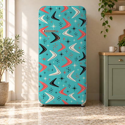 Retro Boomerang Pattern fridge wrap on a retro refrigerator