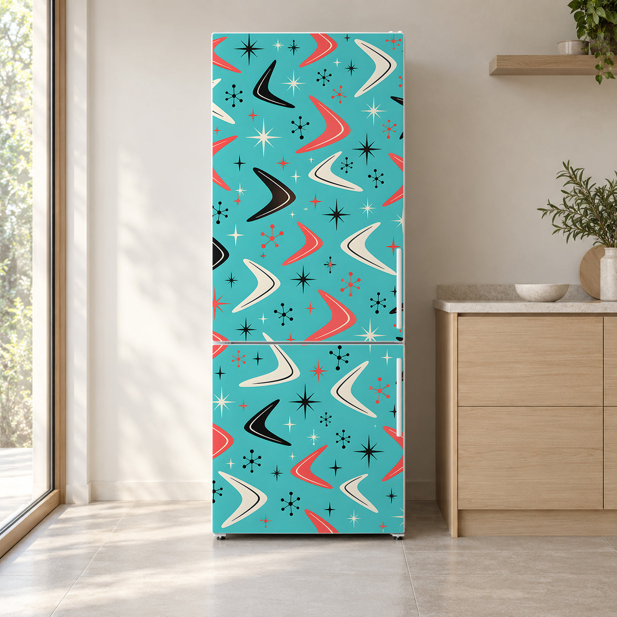 Retro Boomerang Pattern fridge wrap on a white refrigerator in a bright kitchen