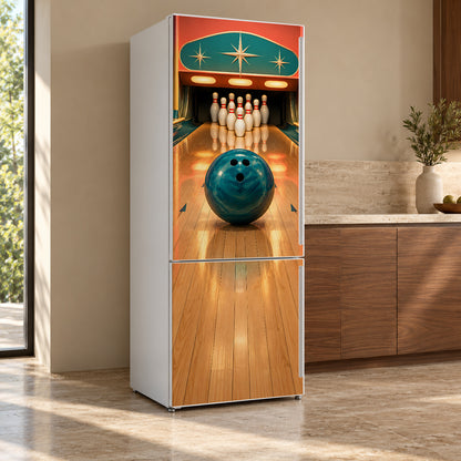 Retro Bowling Alley fridge wrap, refrigerator shown at an angle