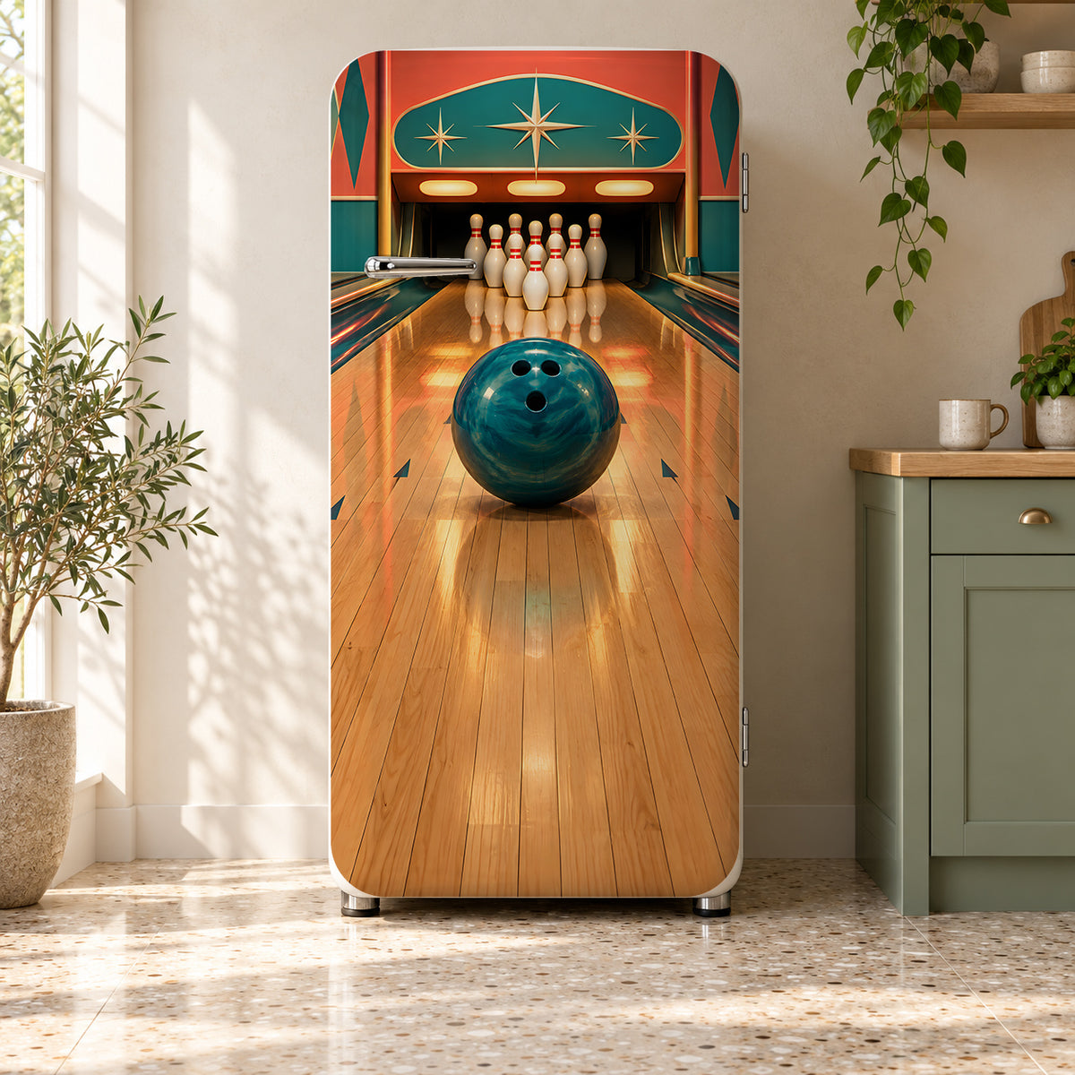 Retro Bowling Alley fridge wrap on a retro refrigerator