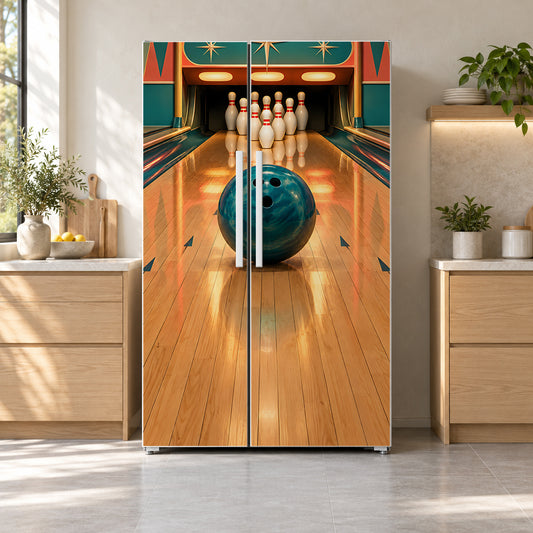 Retro Bowling Alley fridge wrap on a side-by-side refrigerator