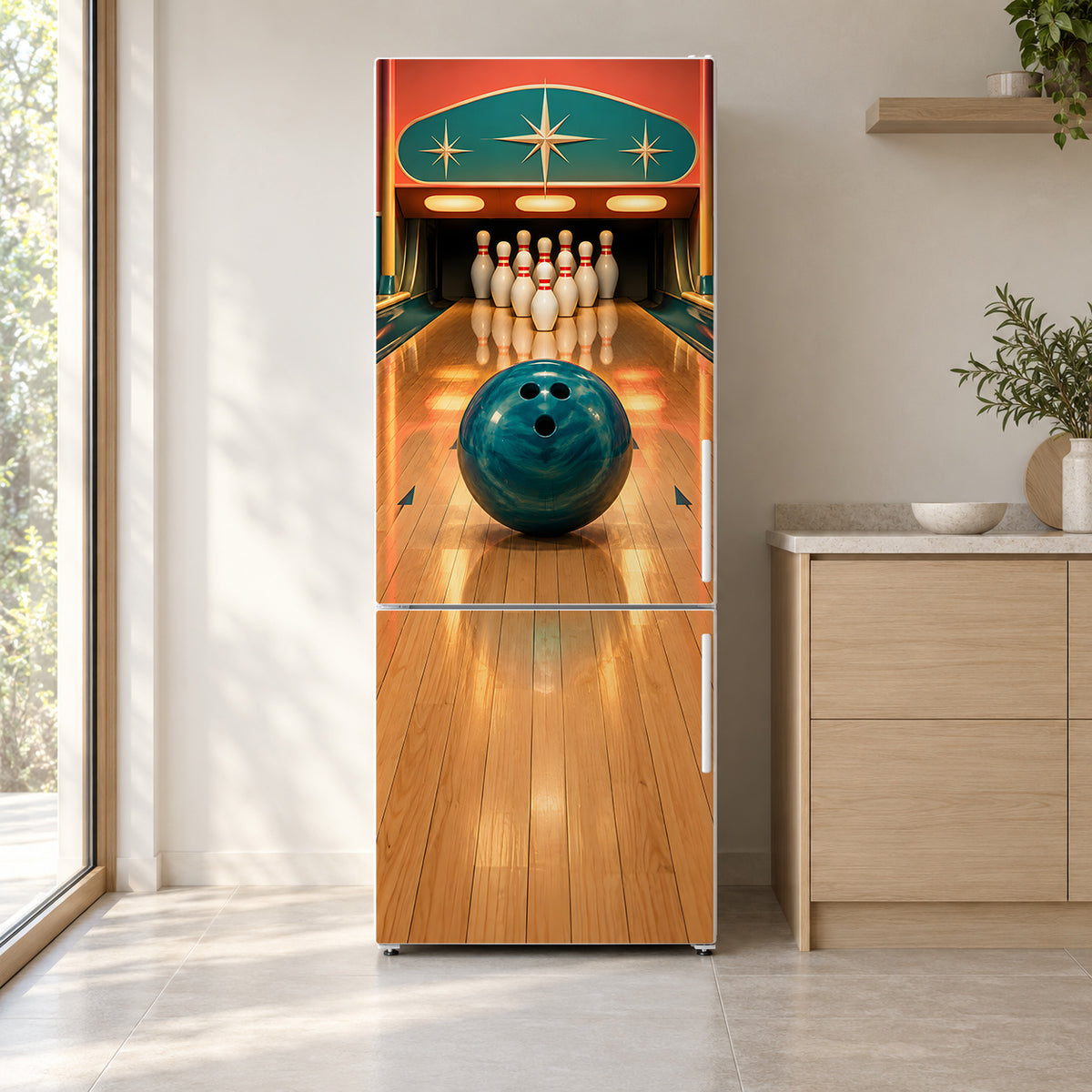 Retro Bowling Alley fridge wrap on a white refrigerator in a bright kitchen