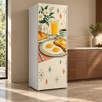 Retro Breakfast fridge wrap, refrigerator shown at an angle