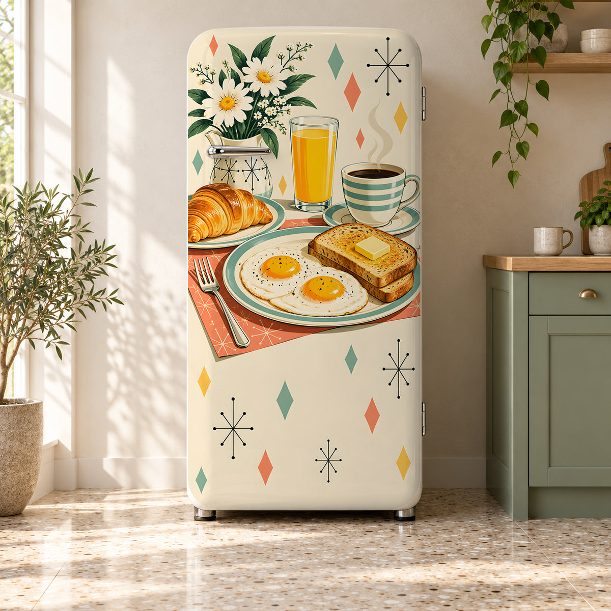Retro Breakfast fridge wrap on a retro refrigerator