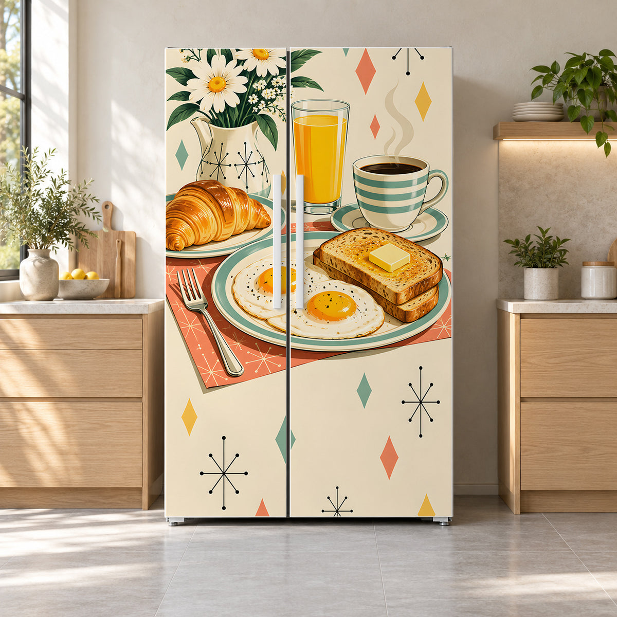 Retro Breakfast fridge wrap on a side-by-side refrigerator