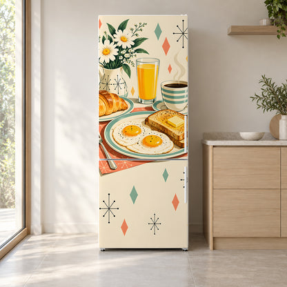 Retro Breakfast fridge wrap on a white refrigerator in a bright kitchen