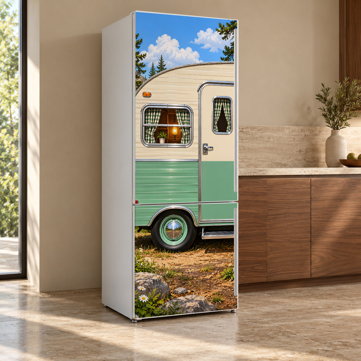 Retro Camper Trailer fridge wrap, refrigerator shown at an angle