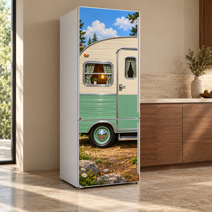 Retro Camper Trailer fridge wrap, refrigerator shown at an angle