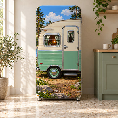 Retro Camper Trailer fridge wrap on a retro refrigerator