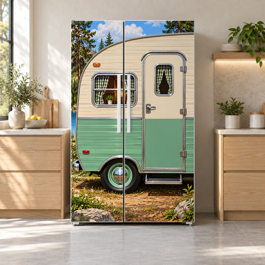 Retro Camper Trailer fridge wrap on a side-by-side refrigerator