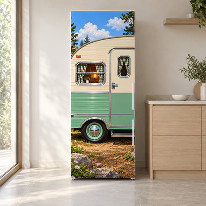 Retro Camper Trailer fridge wrap on a white refrigerator in a bright kitchen