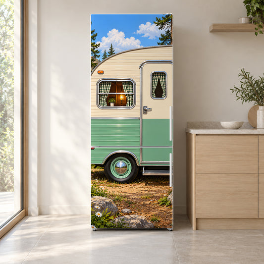Retro Camper Trailer fridge wrap on a white refrigerator in a bright kitchen