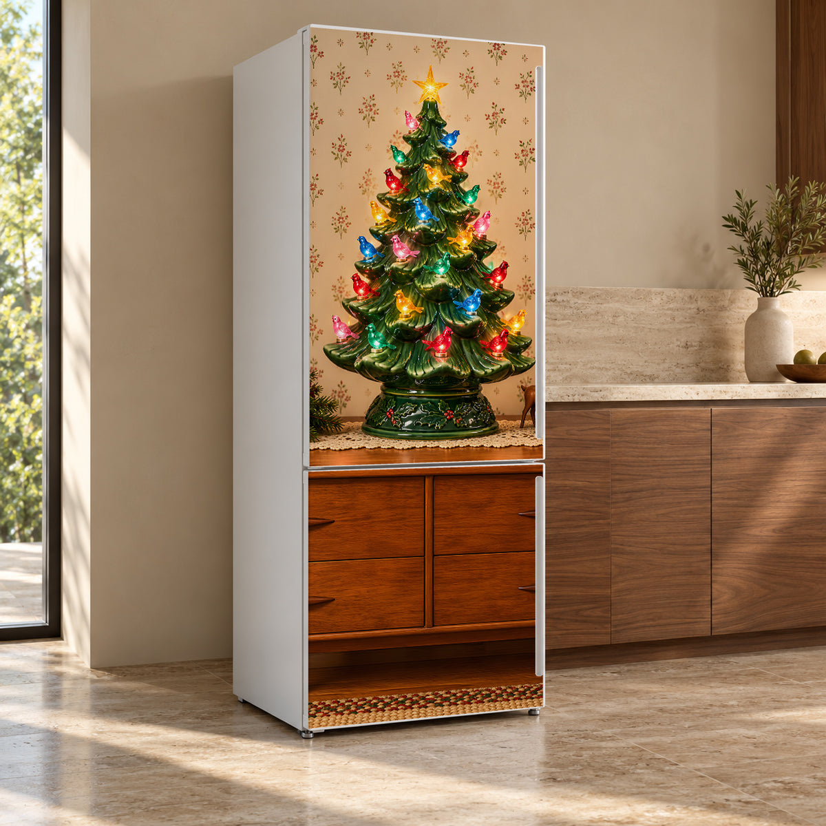 Retro Ceramic Christmas Tree fridge wrap, refrigerator shown at an angle
