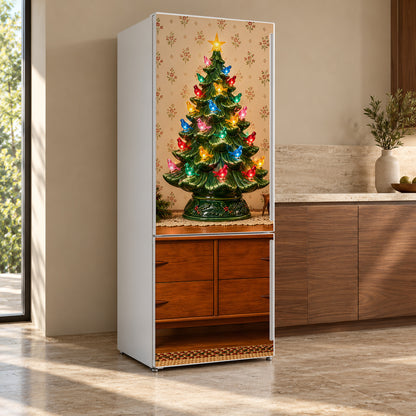 Retro Ceramic Christmas Tree fridge wrap, refrigerator shown at an angle