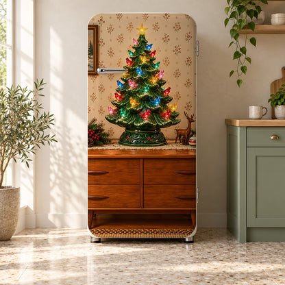 Retro Ceramic Christmas Tree fridge wrap on a retro refrigerator