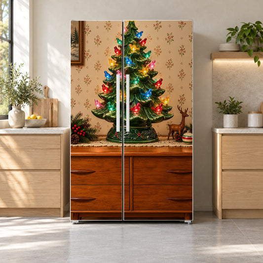 Retro Ceramic Christmas Tree fridge wrap on a side-by-side refrigerator