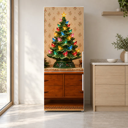 Retro Ceramic Christmas Tree fridge wrap on a white refrigerator in a bright kitchen