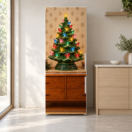Retro Ceramic Christmas Tree fridge wrap on a white refrigerator in a bright kitchen