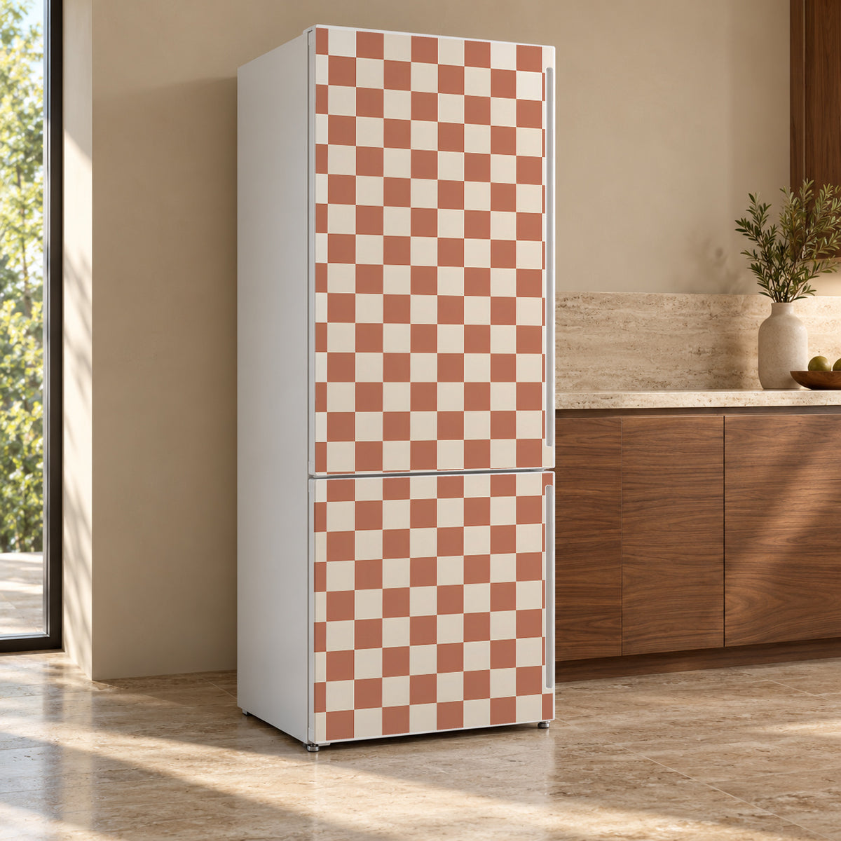 Retro Checkerboard fridge wrap, refrigerator shown at an angle