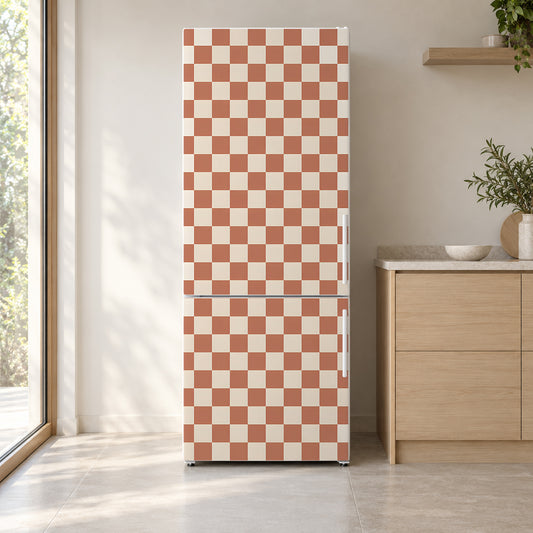Retro Checkerboard fridge wrap on a white refrigerator in a bright kitchen