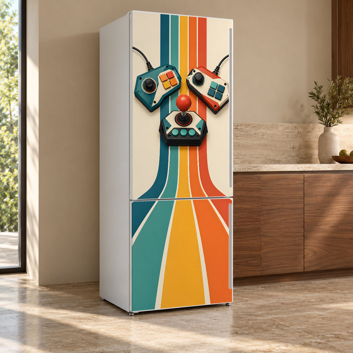 Retro Game Controllers fridge wrap, refrigerator shown at an angle