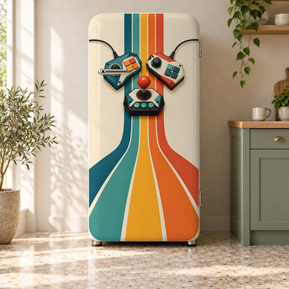 Retro Game Controllers fridge wrap on a retro refrigerator
