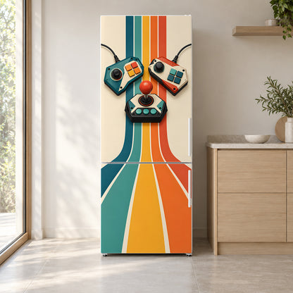 Retro Game Controllers fridge wrap on a white refrigerator in a bright kitchen