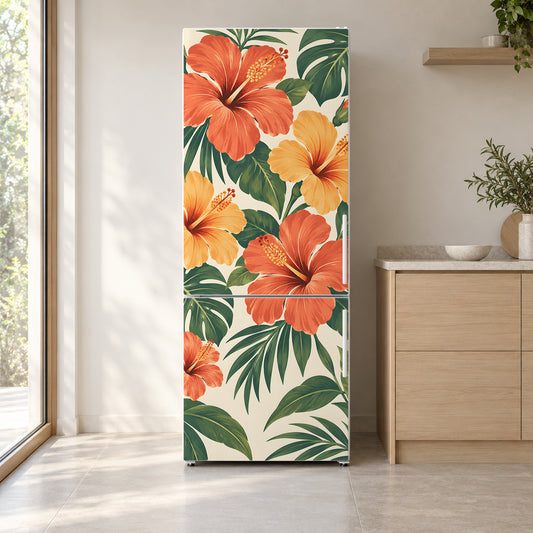 Retro Hawaiian Hibiscus fridge wrap on a white refrigerator in a bright kitchen