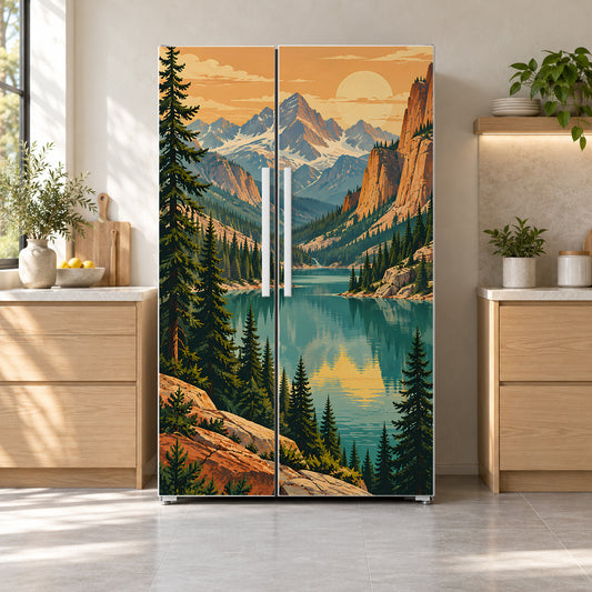 Retro National Park Poster fridge wrap on a side-by-side refrigerator