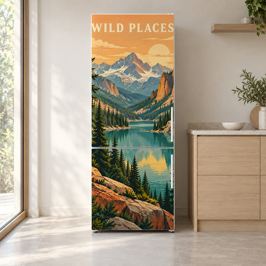 Retro National Park Poster fridge wrap on a white refrigerator in a bright kitchen