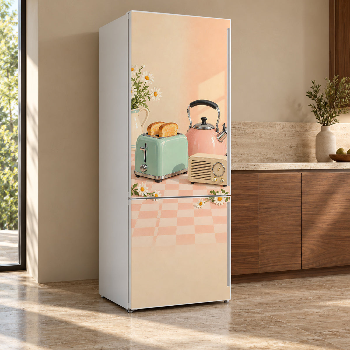 Retro Pastel Kitchen Gadgets fridge wrap, refrigerator shown at an angle