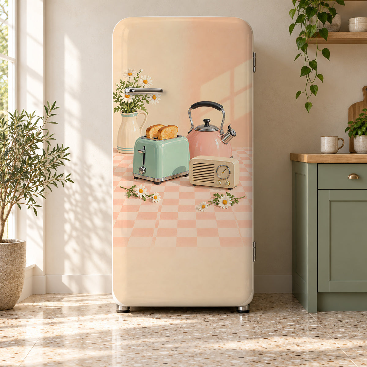 Retro Pastel Kitchen Gadgets fridge wrap on a retro refrigerator