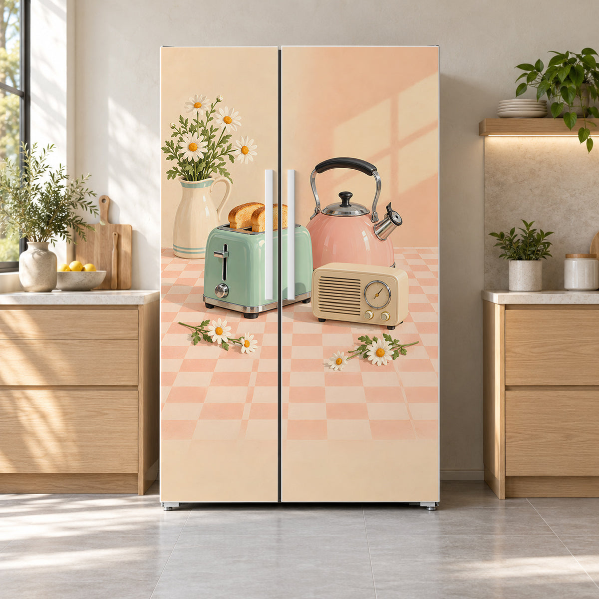 Retro Pastel Kitchen Gadgets fridge wrap on a side-by-side refrigerator