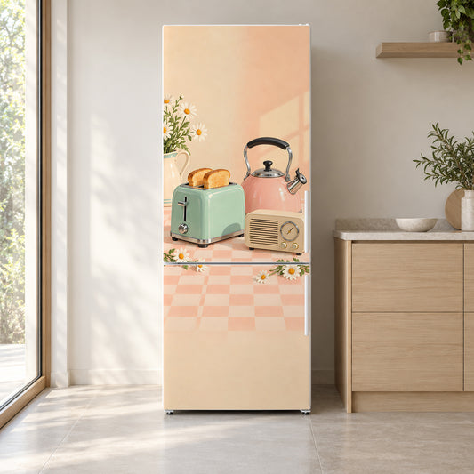 Retro Pastel Kitchen Gadgets fridge wrap on a white refrigerator in a bright kitchen