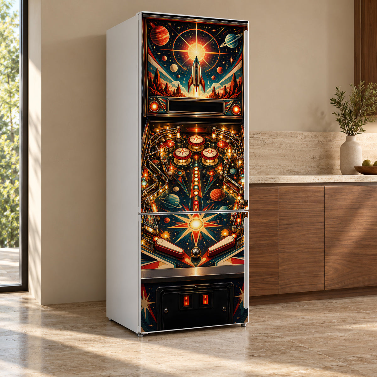 Retro Pinball Machine fridge wrap, refrigerator shown at an angle