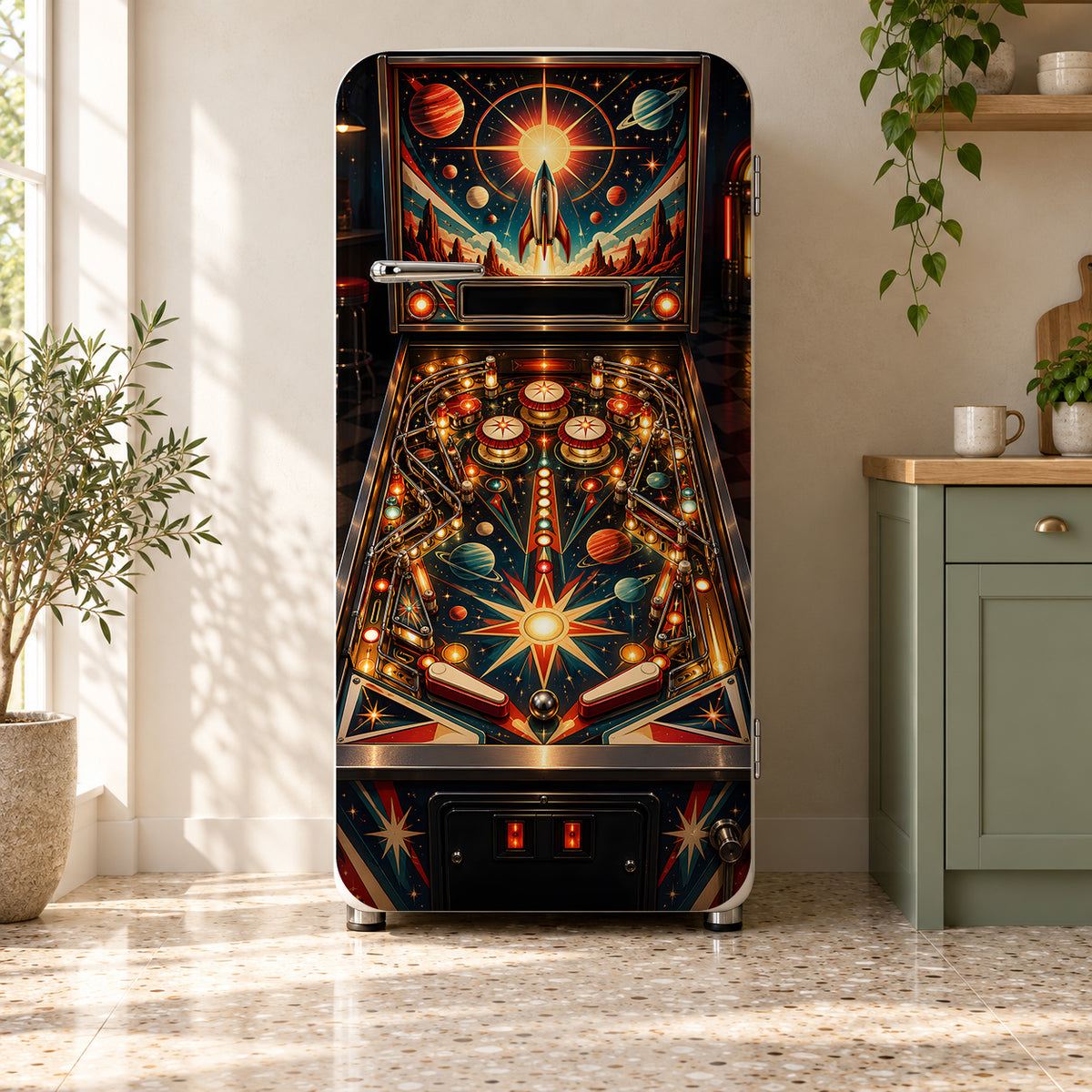 Retro Pinball Machine fridge wrap on a retro refrigerator