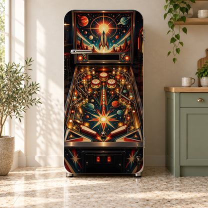 Retro Pinball Machine fridge wrap on a retro refrigerator