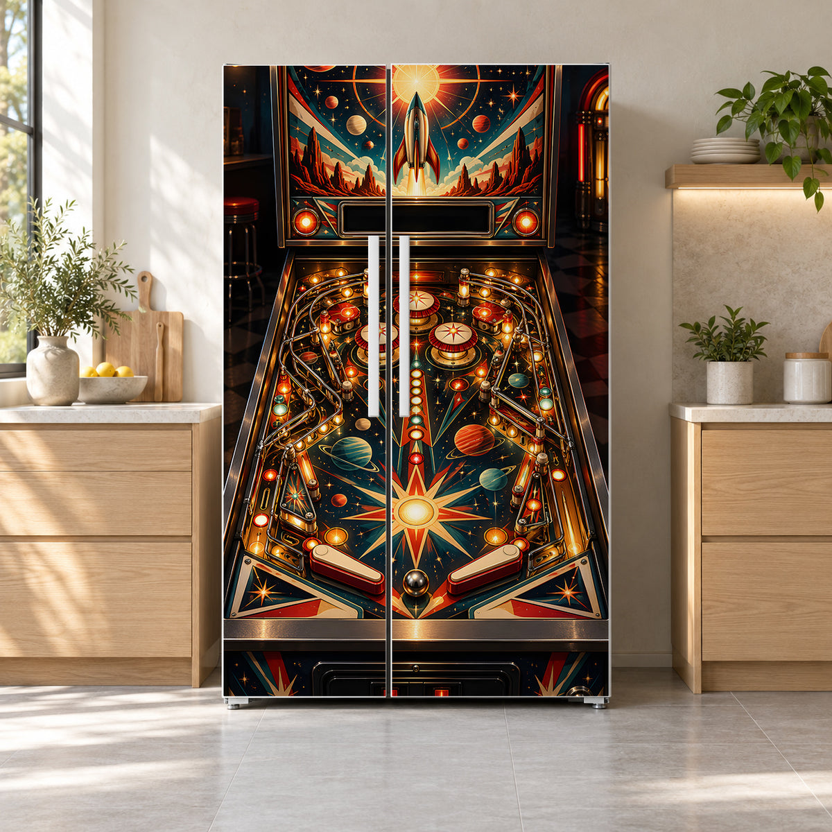 Retro Pinball Machine fridge wrap on a side-by-side refrigerator