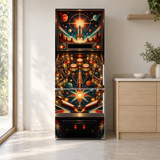 Retro Pinball Machine fridge wrap on a white refrigerator in a bright kitchen