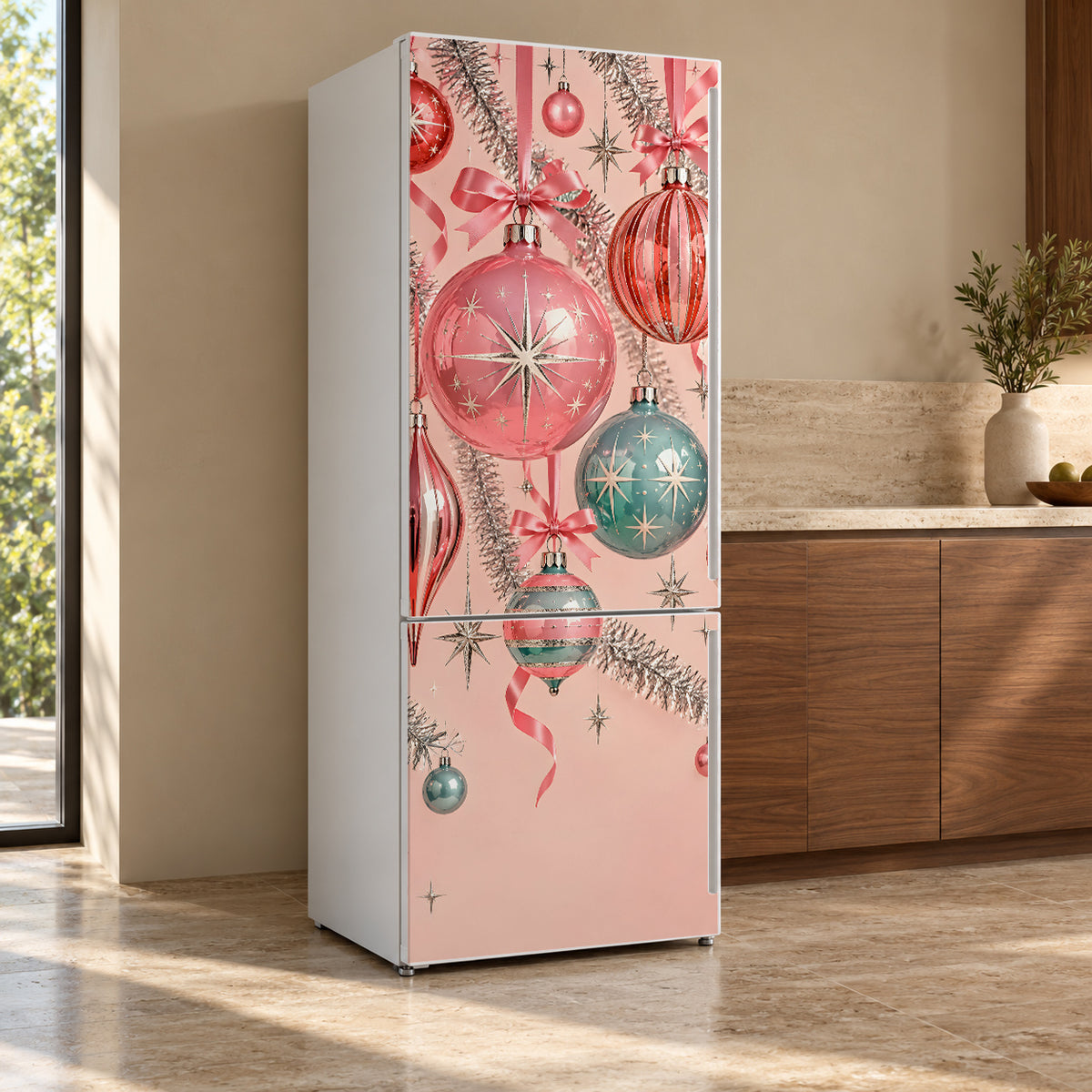 Retro Pink Christmas fridge wrap, refrigerator shown at an angle