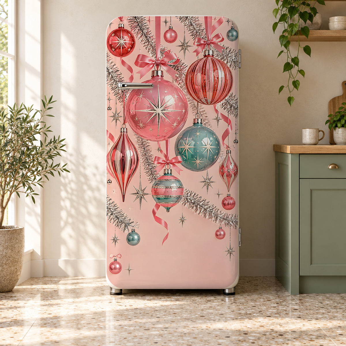 Retro Pink Christmas fridge wrap on a retro refrigerator