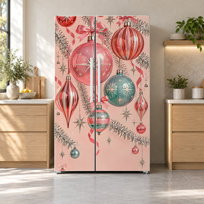 Retro Pink Christmas fridge wrap on a side-by-side refrigerator