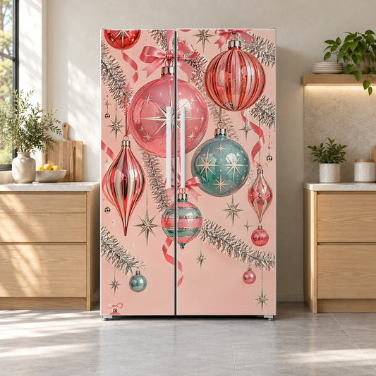 Retro Pink Christmas fridge wrap on a side-by-side refrigerator