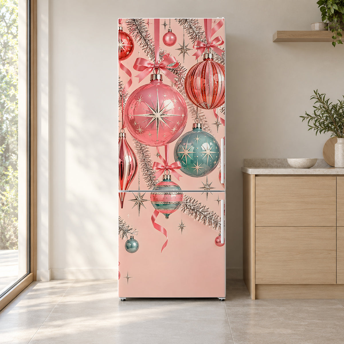 Retro Pink Christmas fridge wrap on a white refrigerator in a bright kitchen