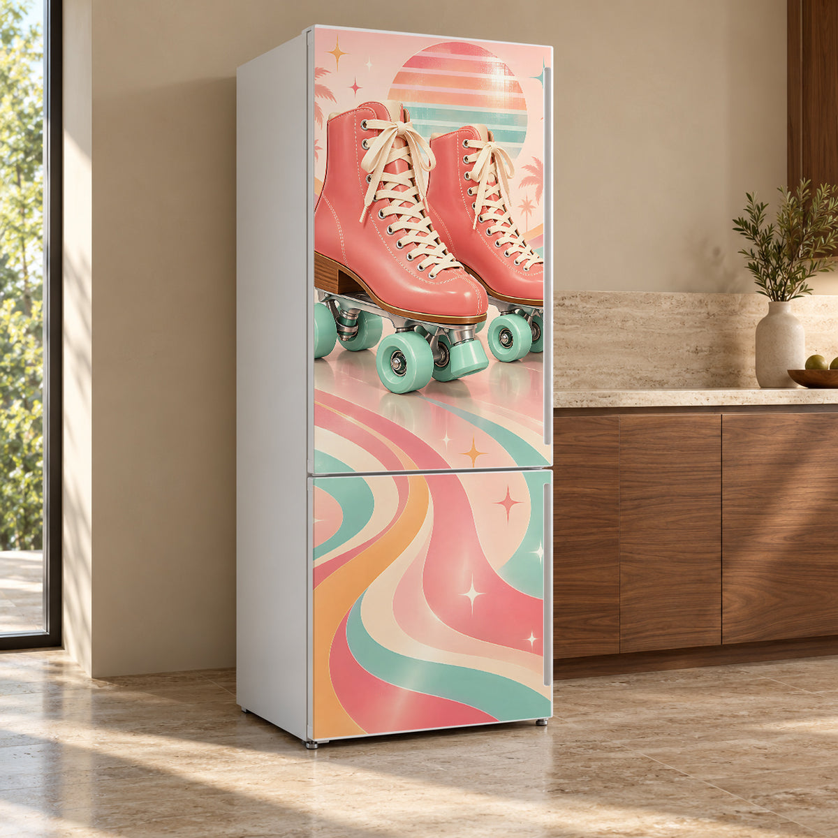 Retro Roller Skates fridge wrap, refrigerator shown at an angle