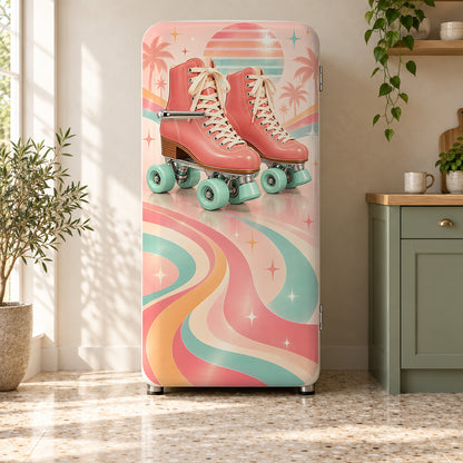 Retro Roller Skates fridge wrap on a retro refrigerator