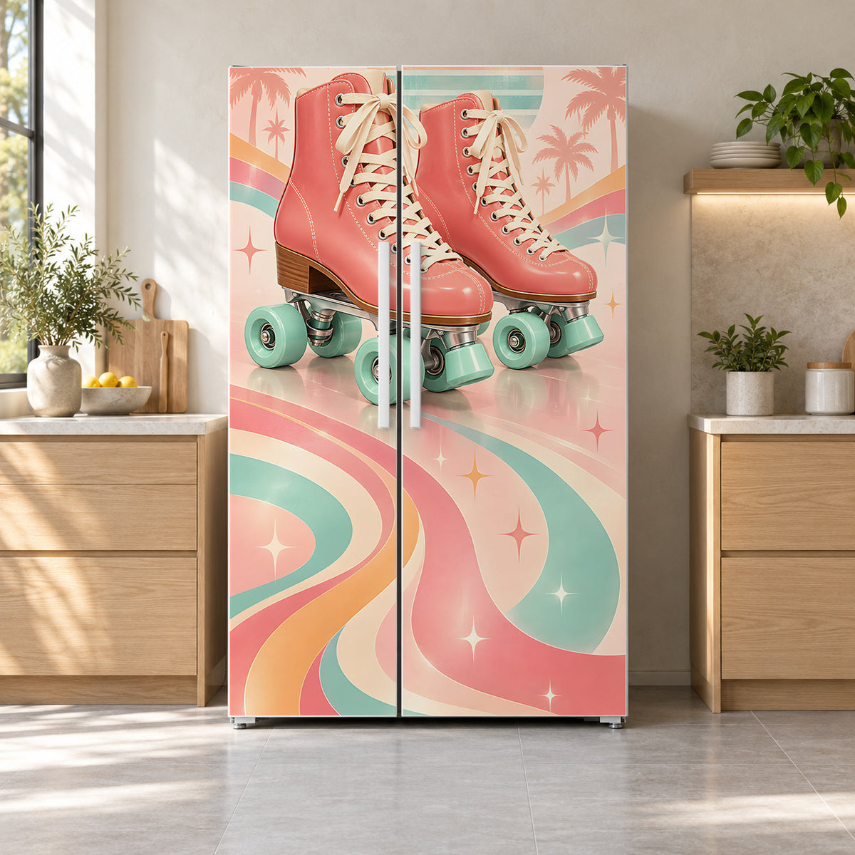 Retro Roller Skates fridge wrap on a side-by-side refrigerator